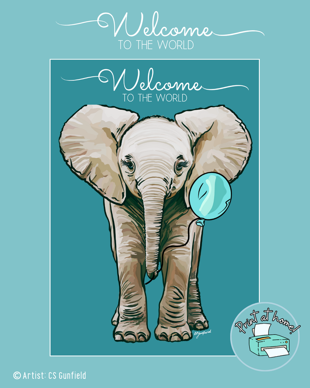 Welcome to the World Baby Elephant Illustration printable