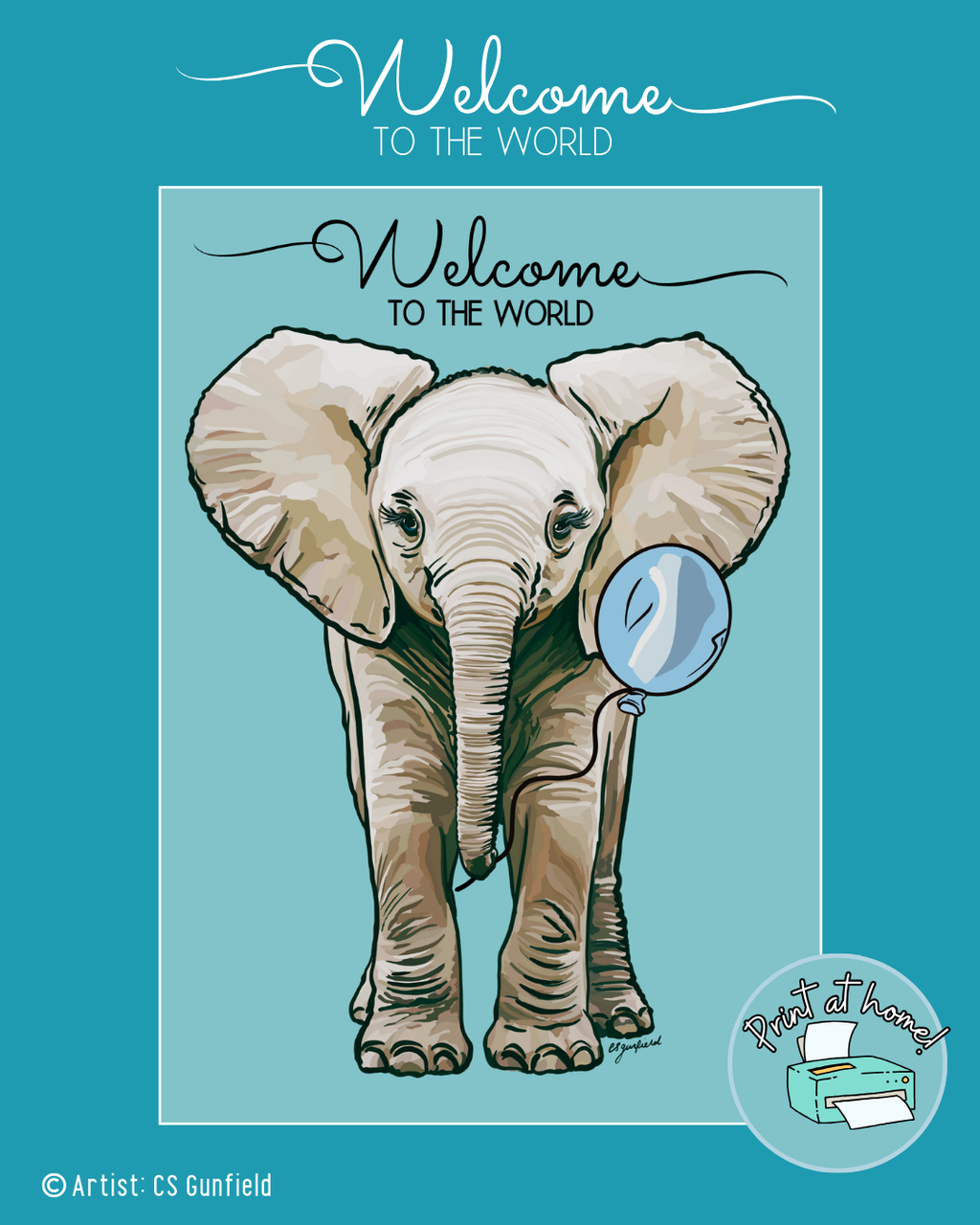 Welcome to the World Baby Elephant Illustration printable