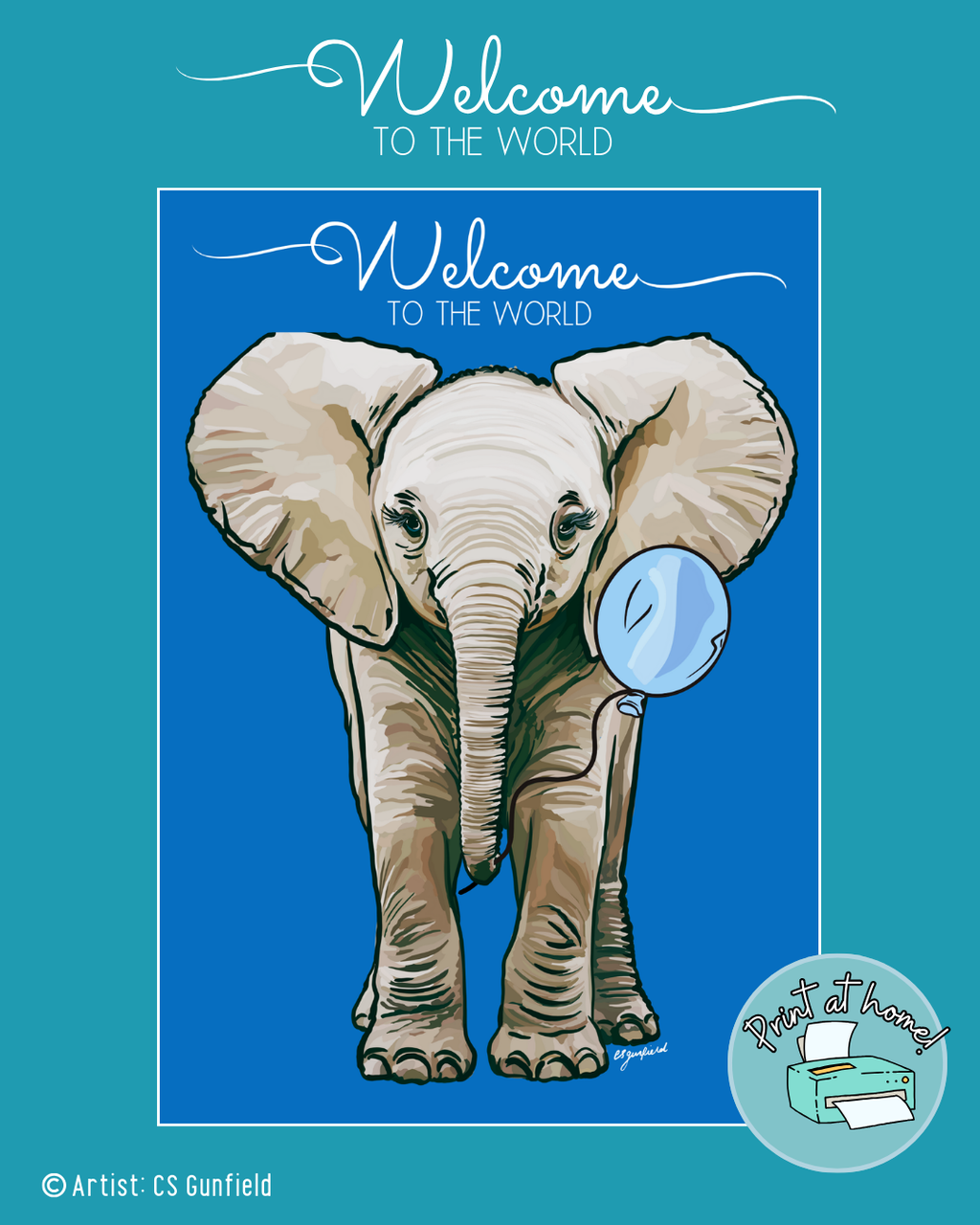 Welcome to the World Baby Elephant Illustration printable