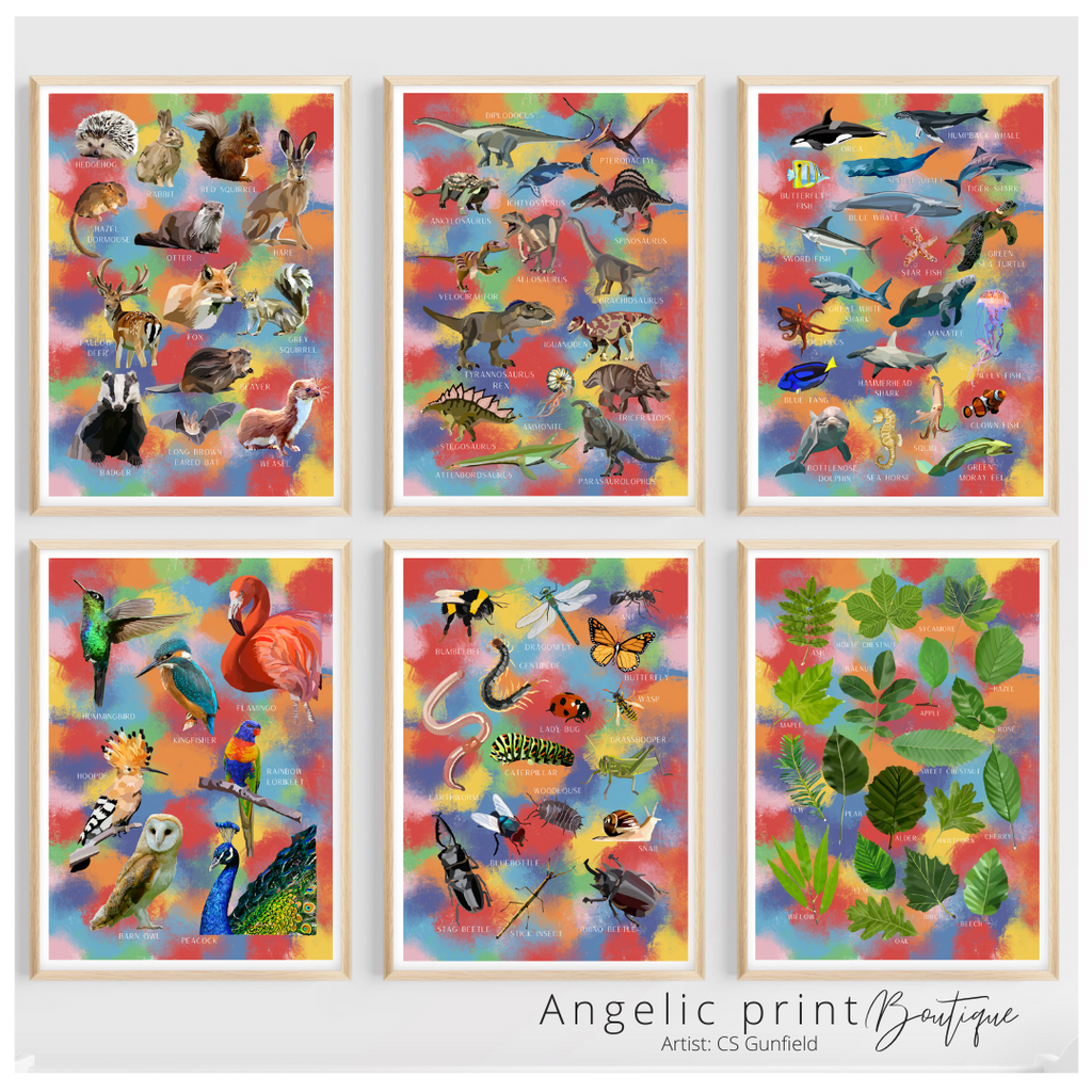 Hand illustrated Digital prints set of 6 Learning posters