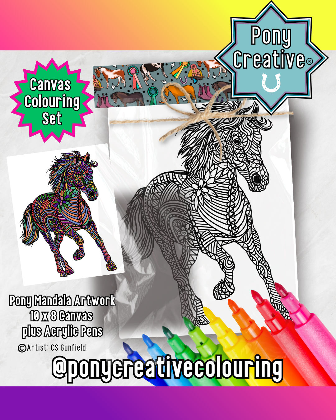 Pony Creative Mandala Colour-In Canvas & Acrylic Marker Set!