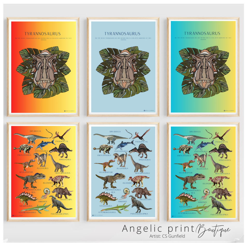 Hand illustrated Digital Dino prints set of 2