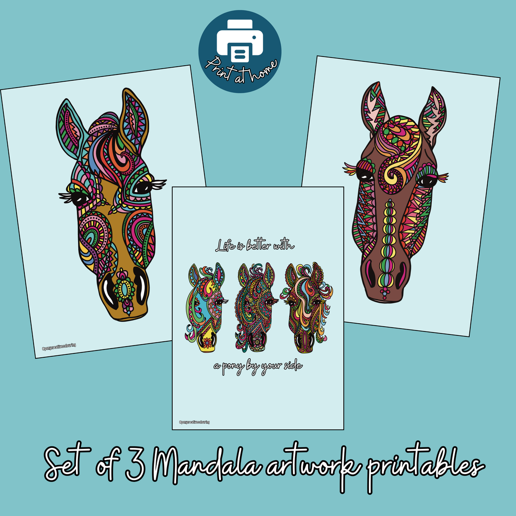 Pony Creative Mandala Artwork Prints set of 3