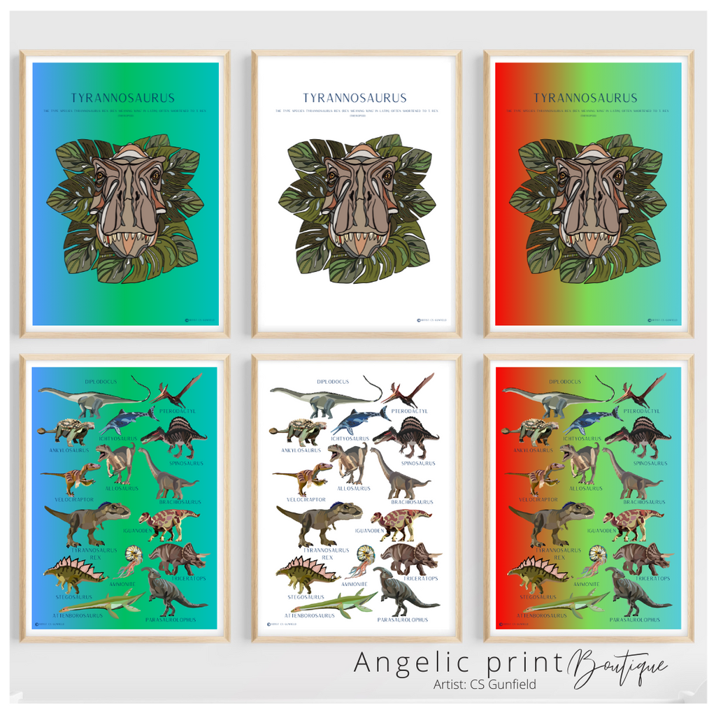 Hand illustrated Digital Dino prints set of 2