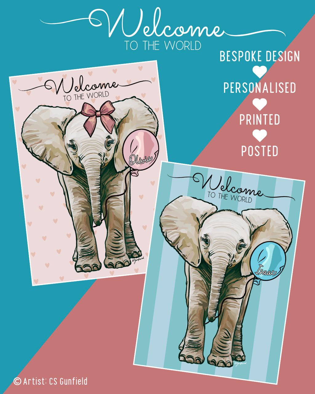Welcome to the World Bespoke Baby Elephant Illustration
