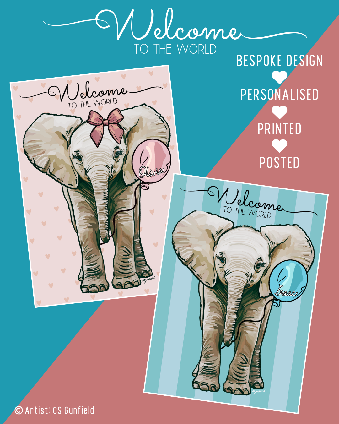 Welcome to the World Bespoke Baby Elephant Illustration