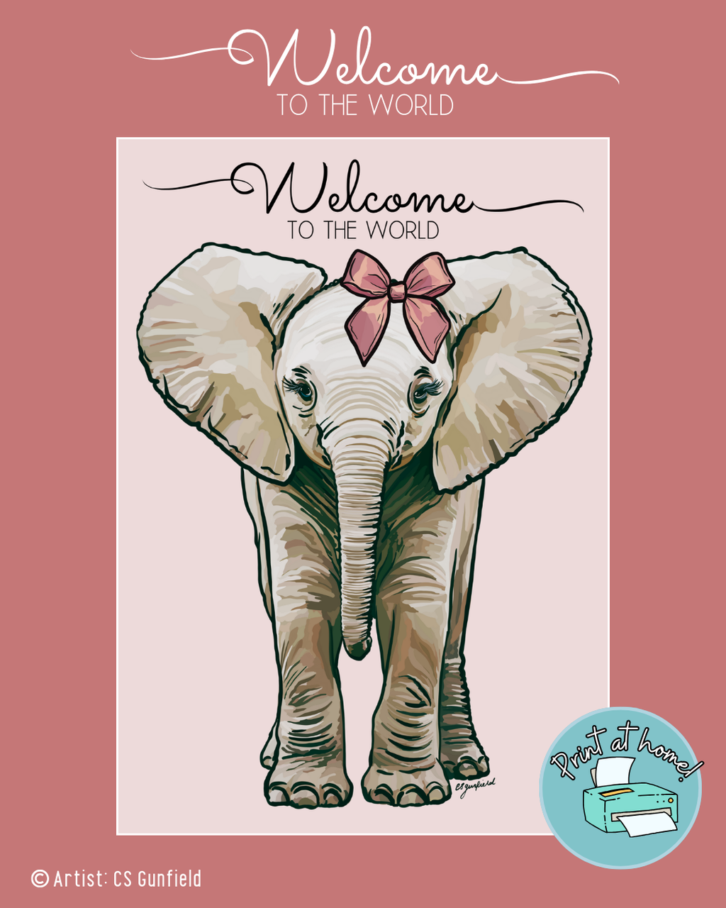 Welcome to the World Baby Elephant Illustration printable