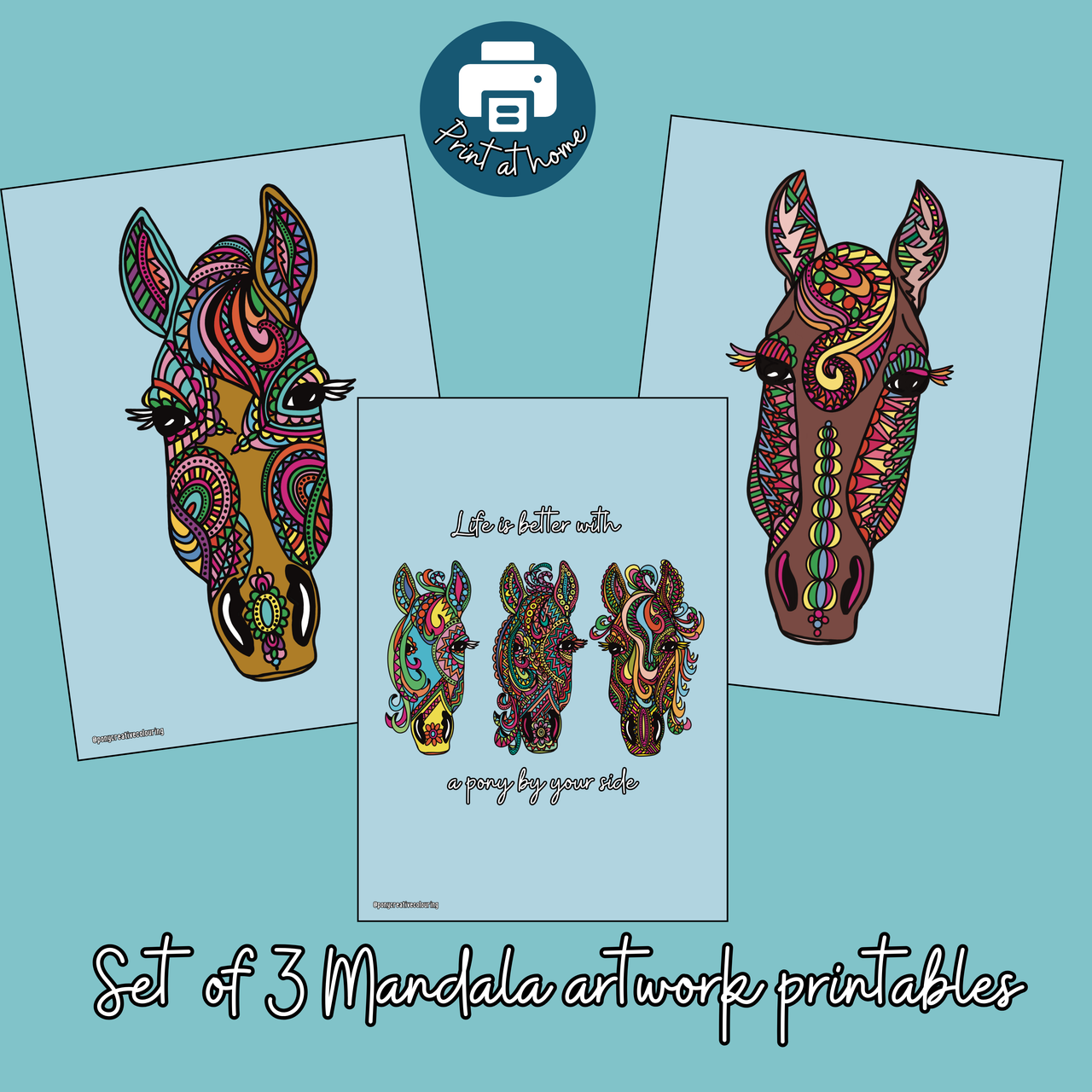 Pony Creative Mandala Artwork Prints set of 3