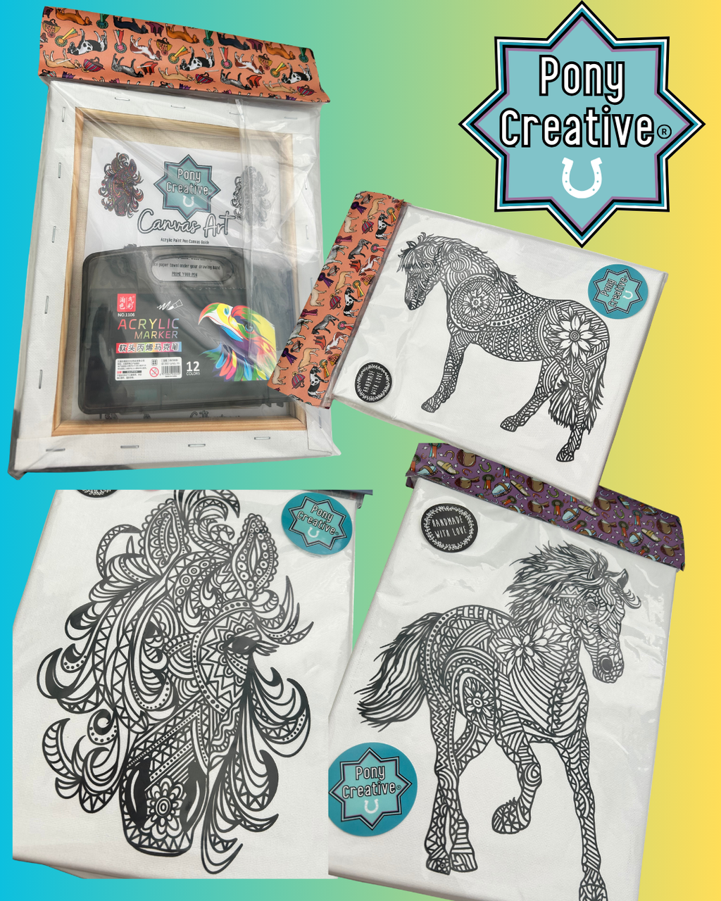 Pony Creative Mandala Colour-In Canvas & Acrylic Marker Set!
