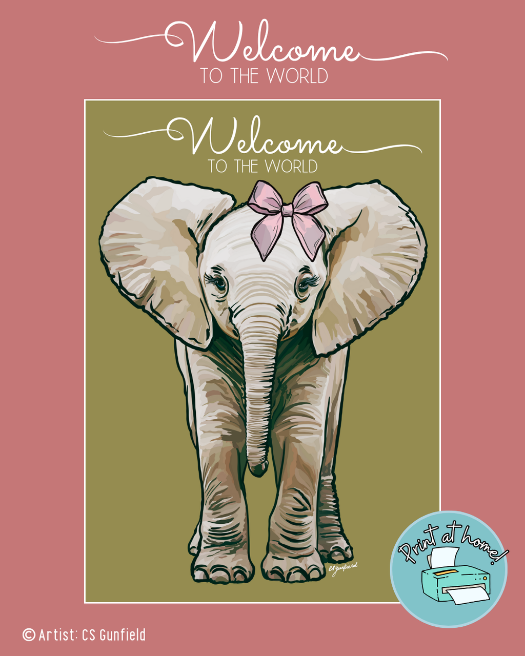 Welcome to the World Baby Elephant Illustration printable