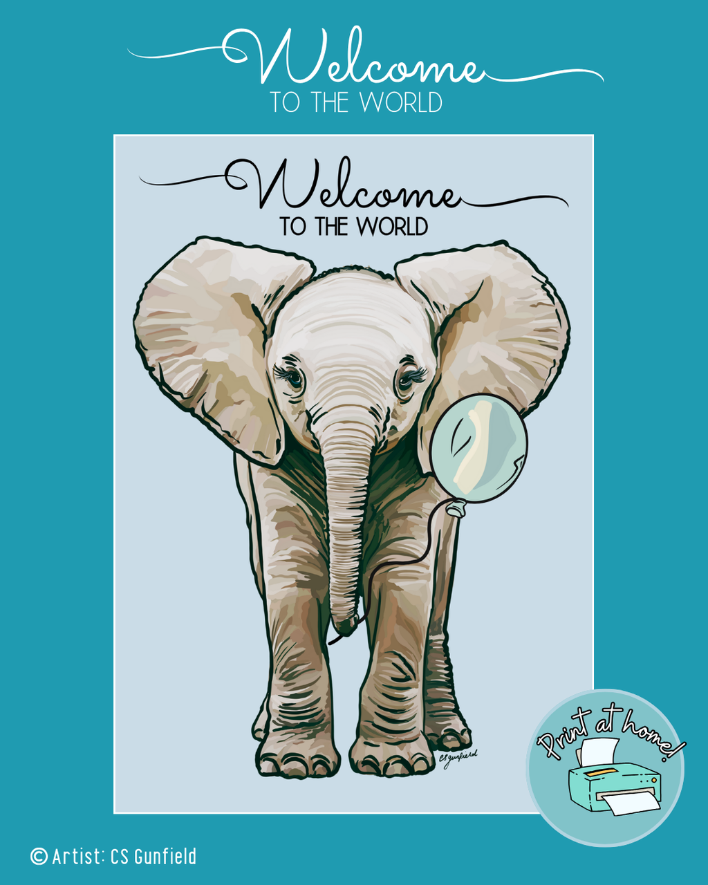 Welcome to the World Baby Elephant Illustration printable