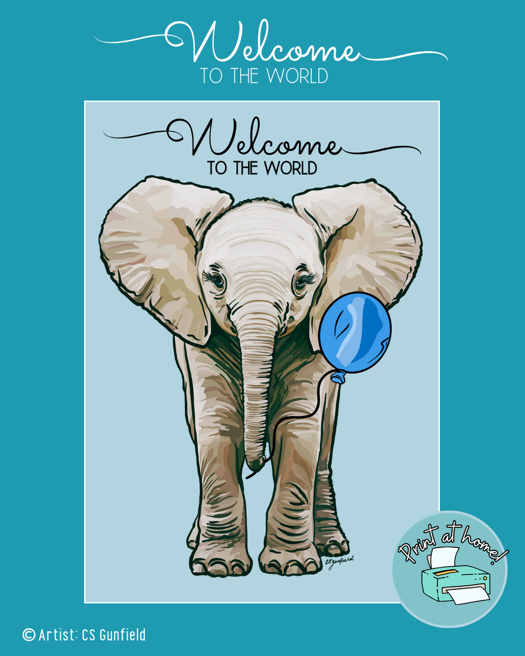 Welcome to the World Baby Elephant Illustration printable
