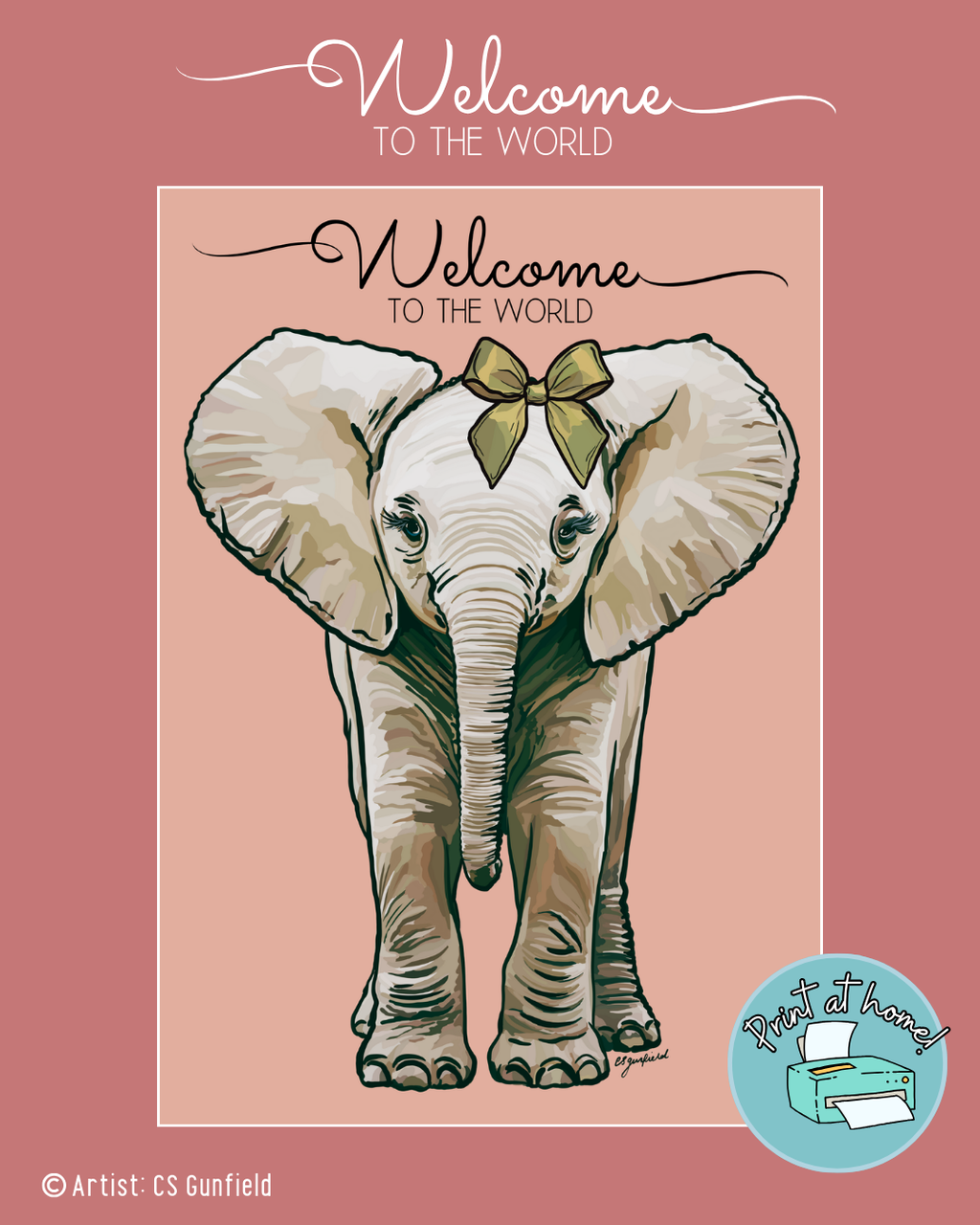 Welcome to the World Baby Elephant Illustration printable