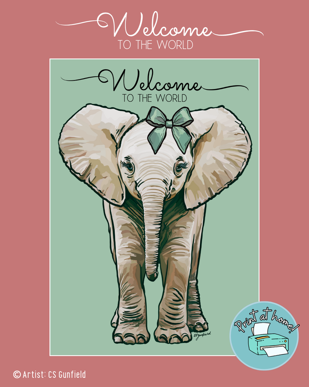 Welcome to the World Baby Elephant Illustration printable