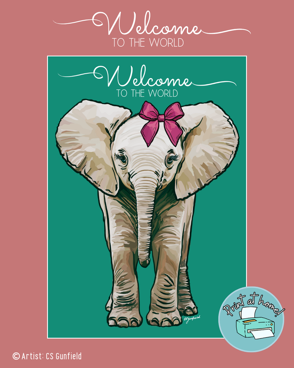 Welcome to the World Baby Elephant Illustration printable