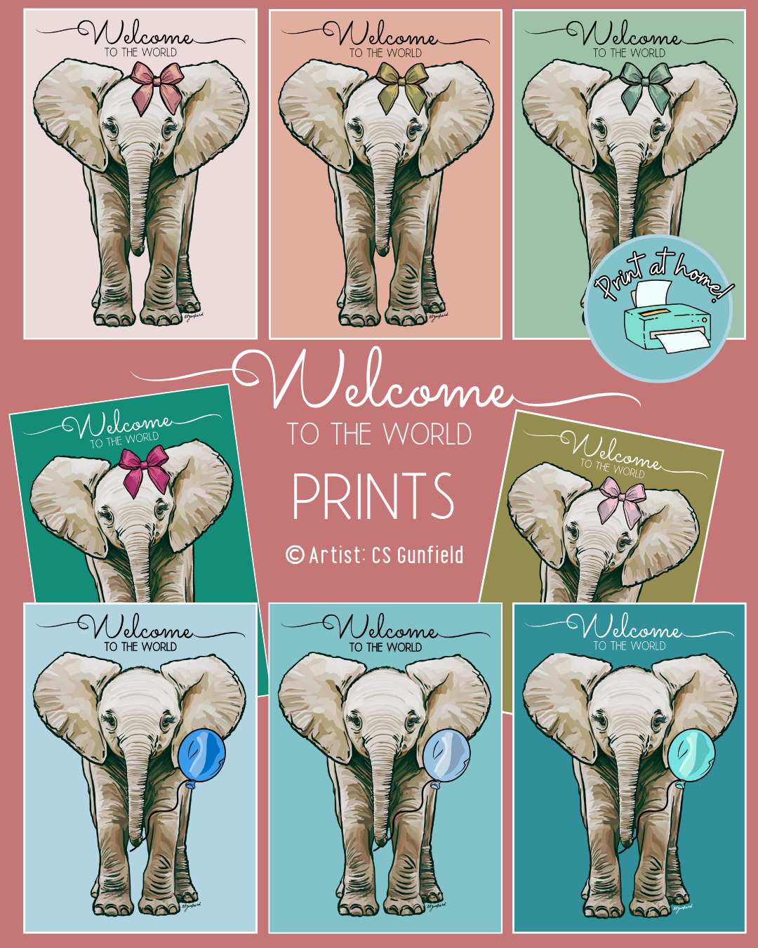Welcome to the World Baby Elephant Illustration printable