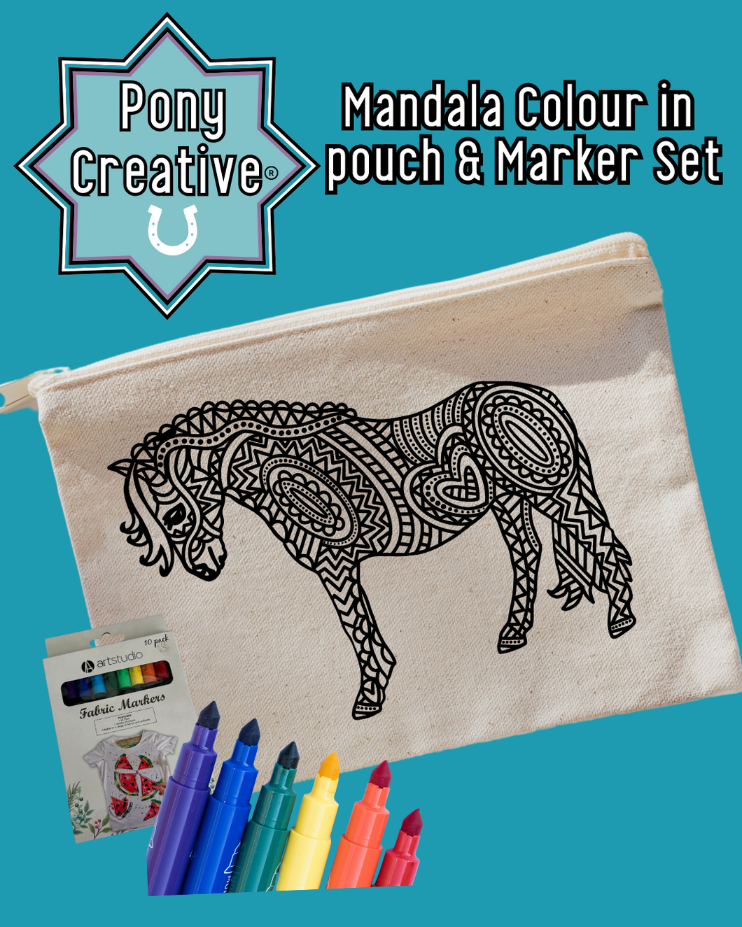 Pony Creative Mandala Colour-In Canvas Pouch & Fabric Marker Set!
