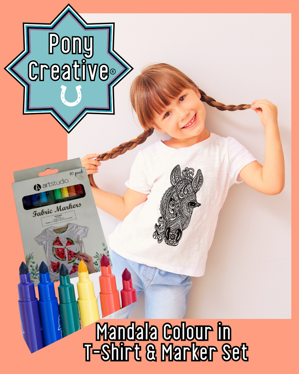 Pony Creative Mandala Colour-In T-Shirt & Fabric Marker Set!